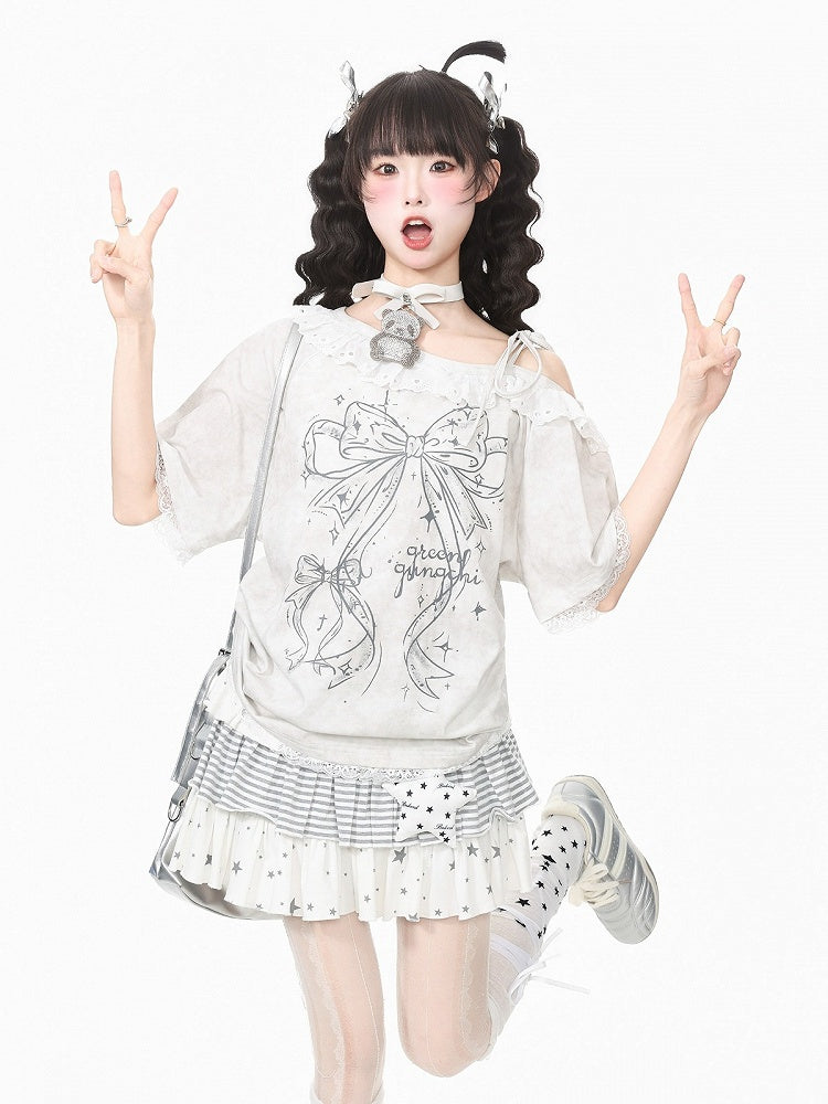 White Asymmetrical Shoulder Short Sleeve T-Shirt with Bow Print & Lace Trim - Languid Park