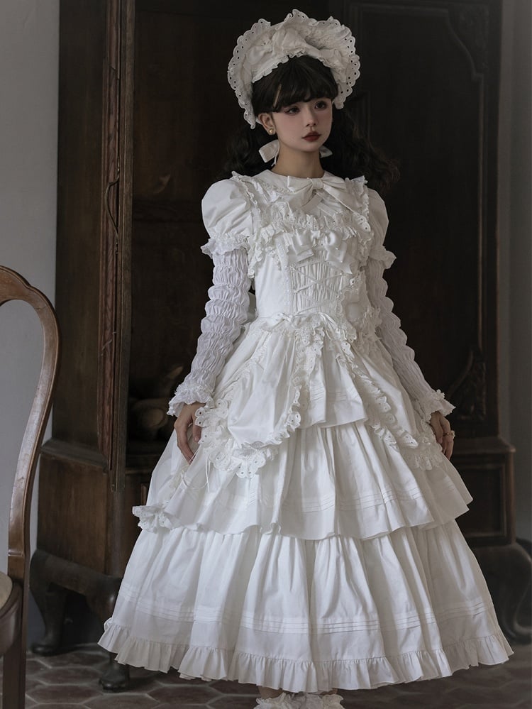Decoration and Gothic White Heart-shaped Long Dress with Bowknots JSK Lolita Version Ruffled
