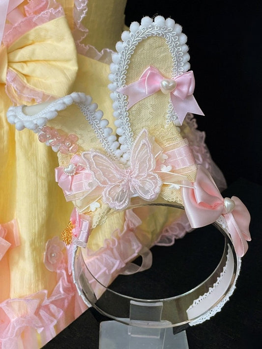Yellow/BlackPink Ears Sweet Bunny Butterfly Bowknot KC Lolita Details Decorated