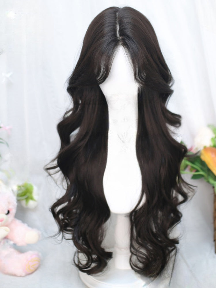 Black/Brown Under Bust Length Wavy Wig with Curtain Bangs