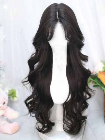 Black/Brown Under Bust Length Wavy Wig with Curtain Bangs