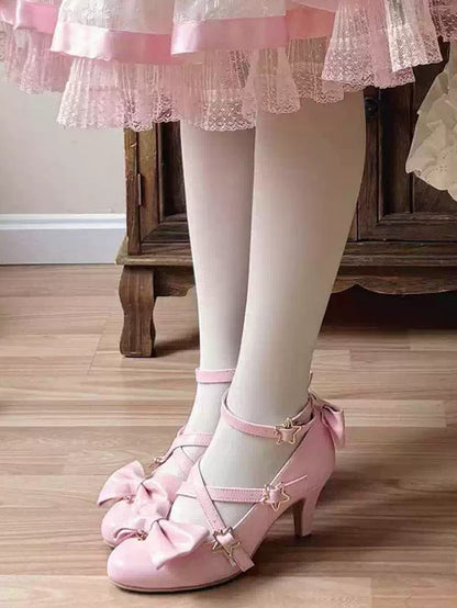 ヒール ピンク トップ ボウ スター ストラップ バックル ハイ