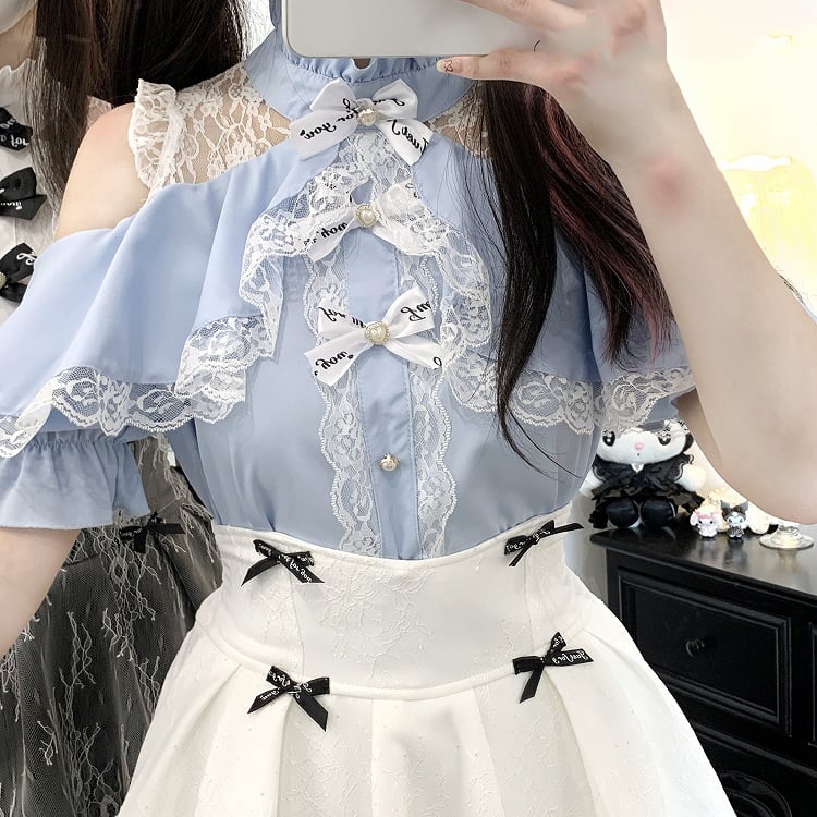 コントラストオープンパッチケイレースブラウスジライホワイト/ピンク/ブルーショルダー