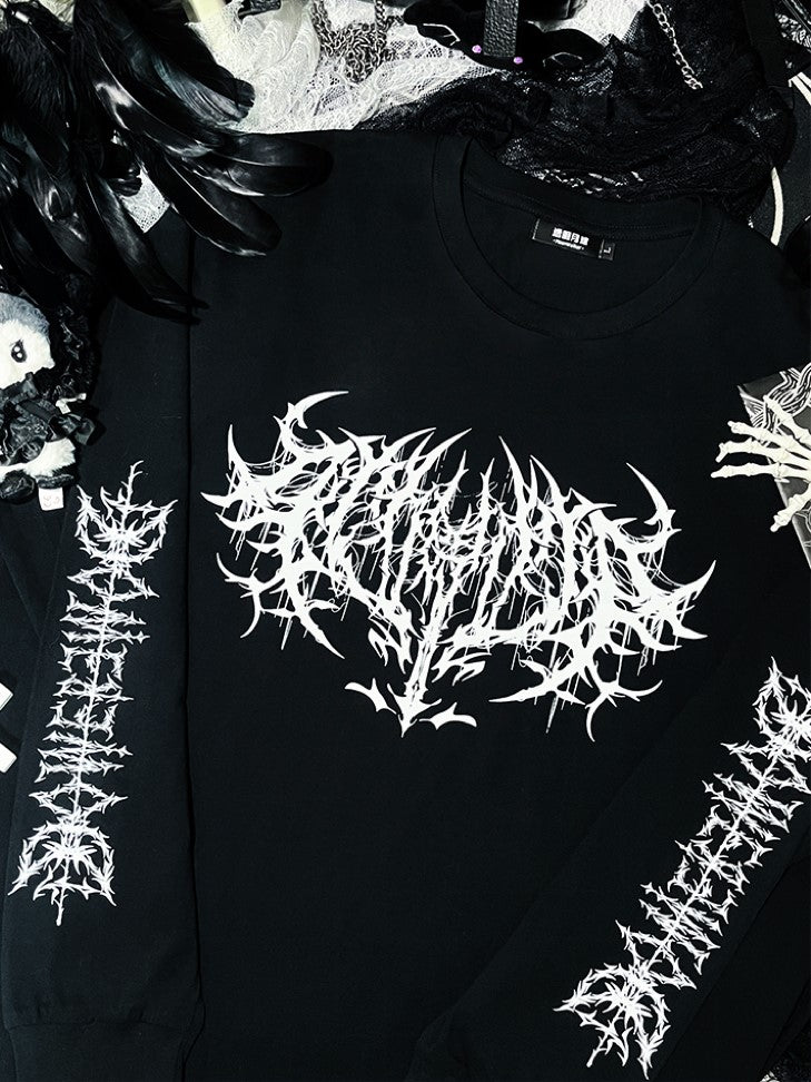 Sweatshirt Print and on Black with White Gothic Sleeve Chest Neck Round