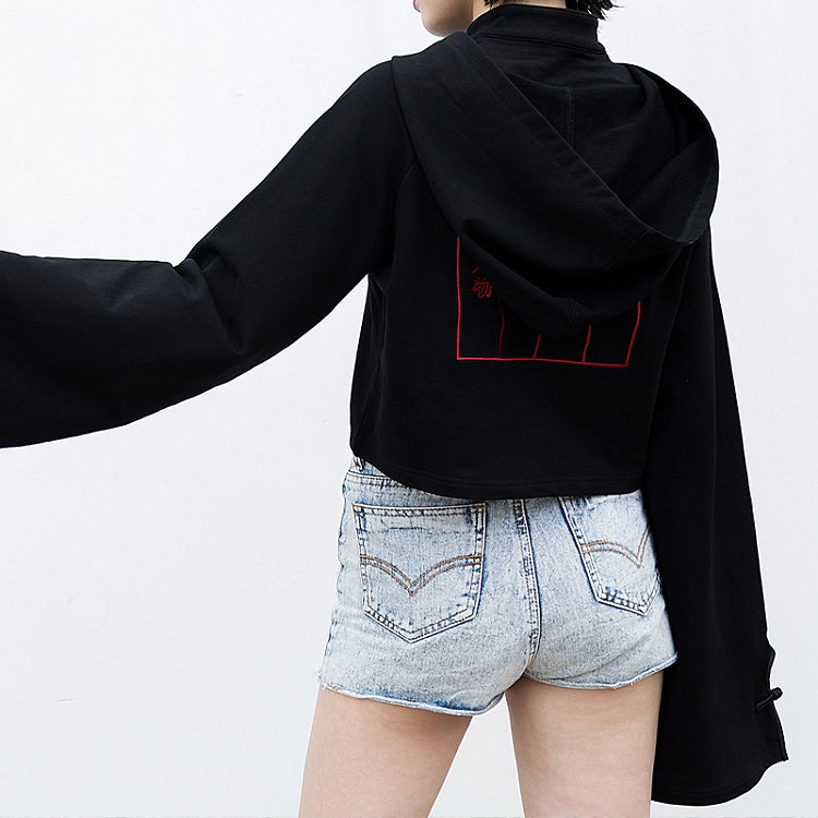Front Baggy Long Cheongsam Hoodie Detail Crop Style and Sleeves Goth with Fringe Black