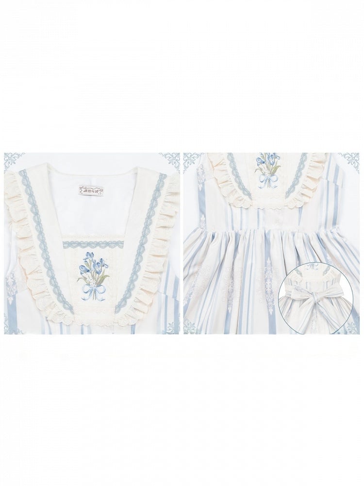 Long Blue & White Striped Floral Embroidered JSK Set with Knit Top, Belt & KC - With PUJI