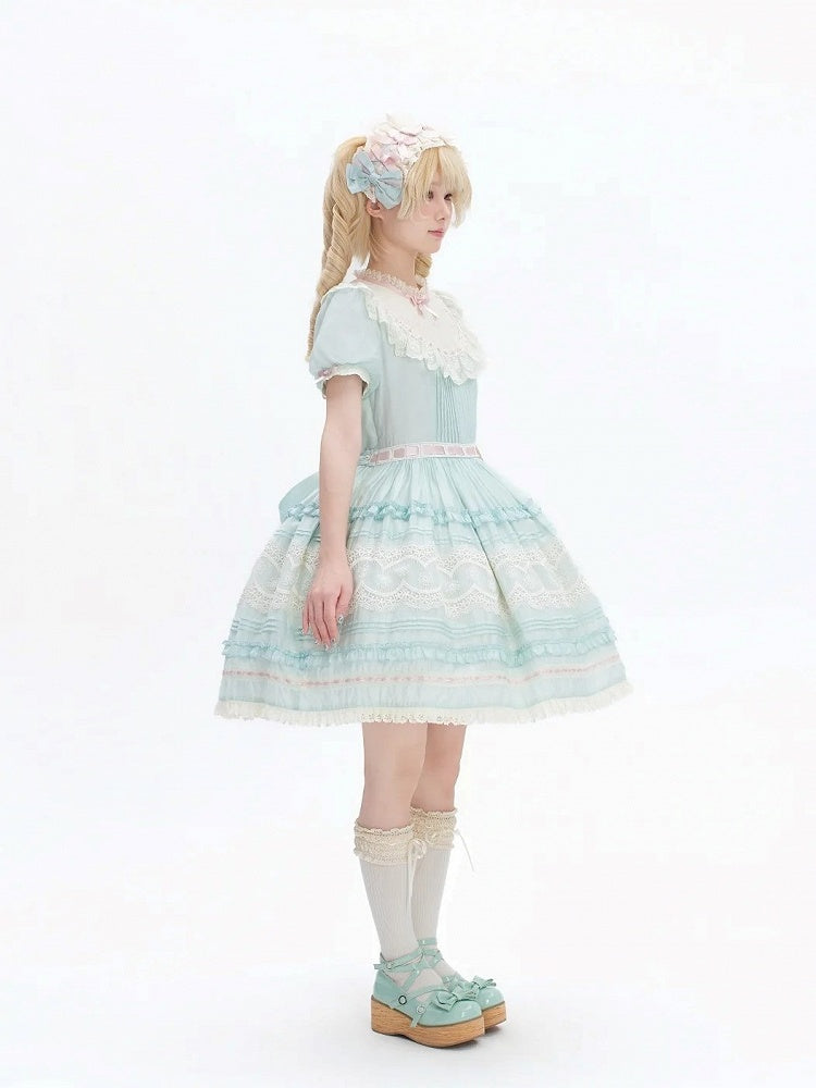 Short Mint Green Puff Sleeve Lace Trim Elegant Lolita Dress - Pumpkin Planet