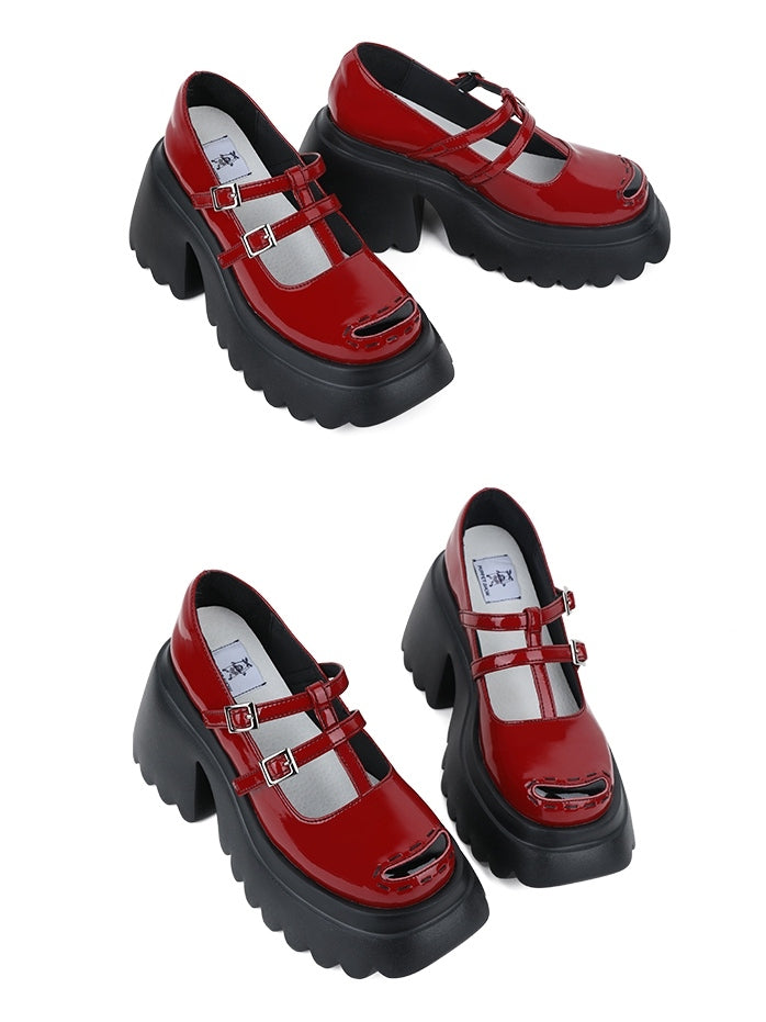 Mary Chunky Red Platform - T-Bar Janes Vamp with Black Buckle Sole