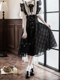 Basque with Jirai Overall Dress in Kei Black Plaid Long Waist Inverted Flutter Sleeves Version