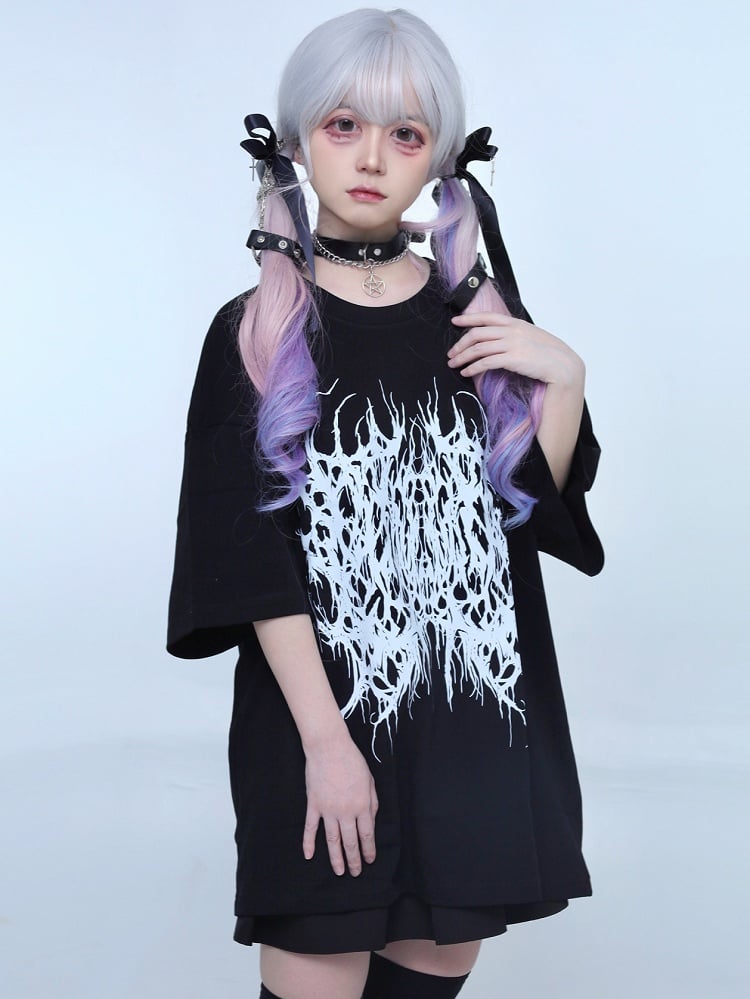 Round Kei Black Neck Jirai Butterfly T-shirt Print