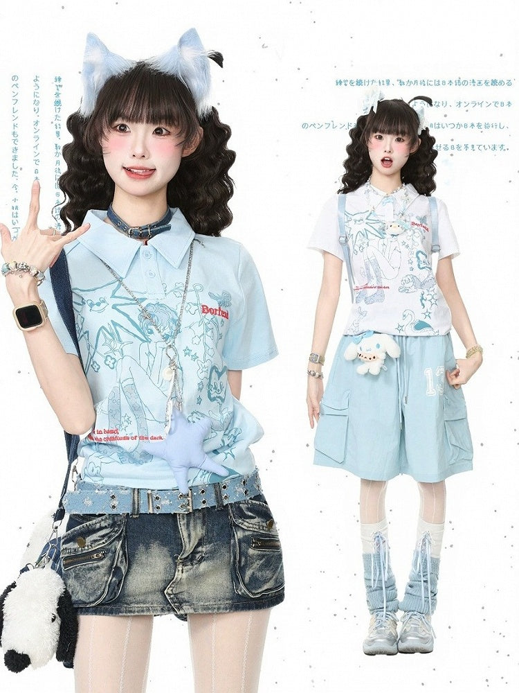 Blue Turn-Down Collar Tee with Anime Graphic - Languid Park