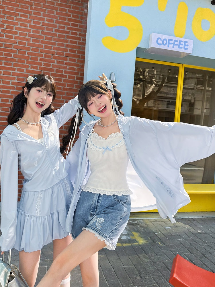 ショート/ロングジャケット ライトブルー ラムプリント サンプロテクション フード付きバージョン