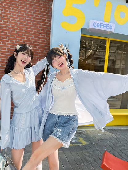 ショート/ロングジャケット ライトブルー ラムプリント サンプロテクション フード付きバージョン