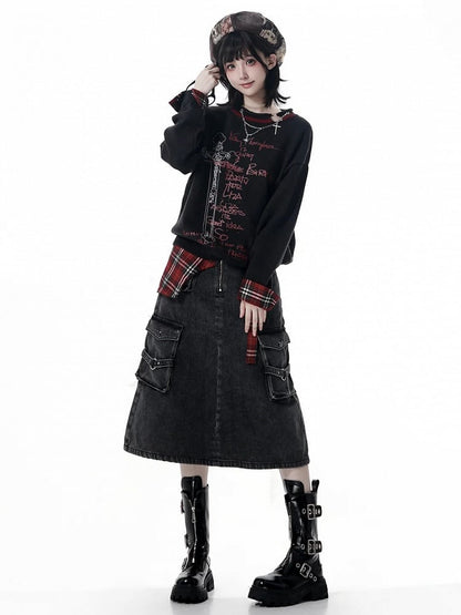 Y2K Black Sweater Print Plaid Distressed Red with Cross Cuffs