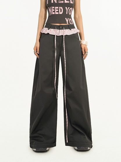 Two-piece Trim Wide-Leg Pants with Pink-Black Striped Black Faux Ruffle