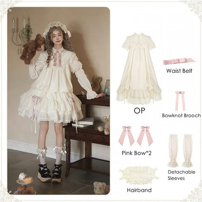 und Design Taille Rosa Kordelzug Mode Gürtel Kleid mit Beige Lolita Vielseitige Schleifen