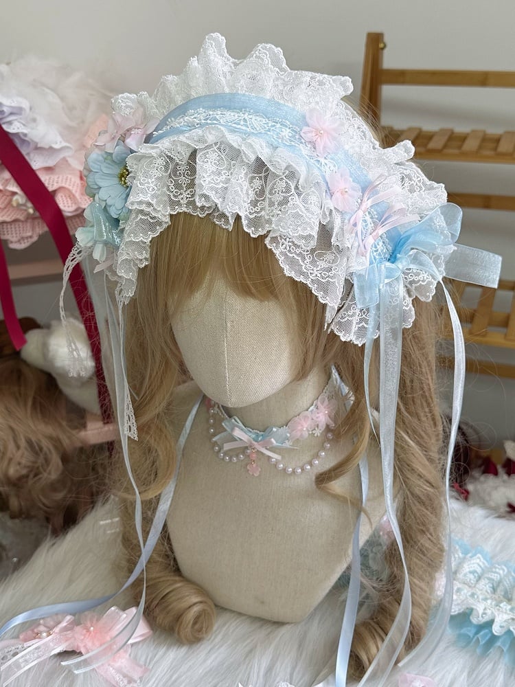Ruffled Lolita Pink Flower Hairband Details Handmade Blue