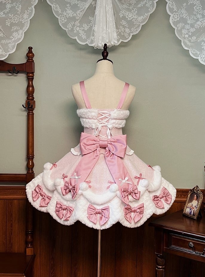 White Bow Applique Sweetheart Plush Pink Details Lolita Dress with and Sweet Accents