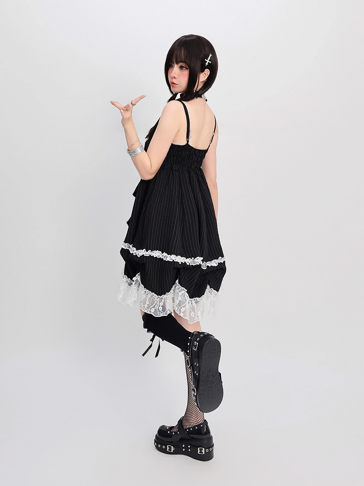 Skirt Cami Dress Big Bow Neckline Black with Striped Waist Detachable Chain Bubble