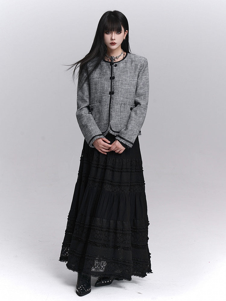 Structured Trim Gray Raw PU Fall Edges Black Crop Jacket with