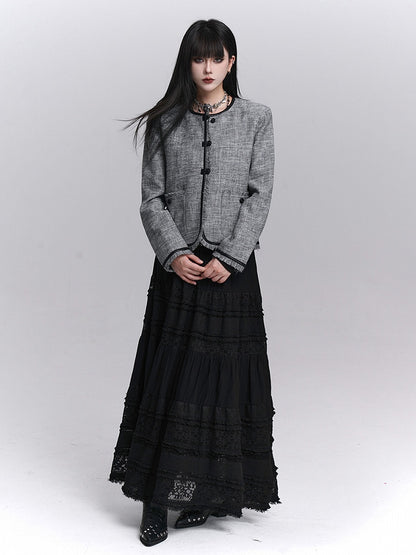 Structured Trim Gray Raw PU Fall Edges Black Crop Jacket with