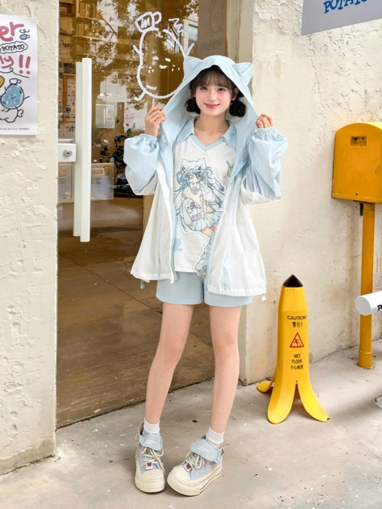 日焼け防止ジャケット 裾フード 猫耳 ブルーカラーブロックデザイン ドローストリングデザイン