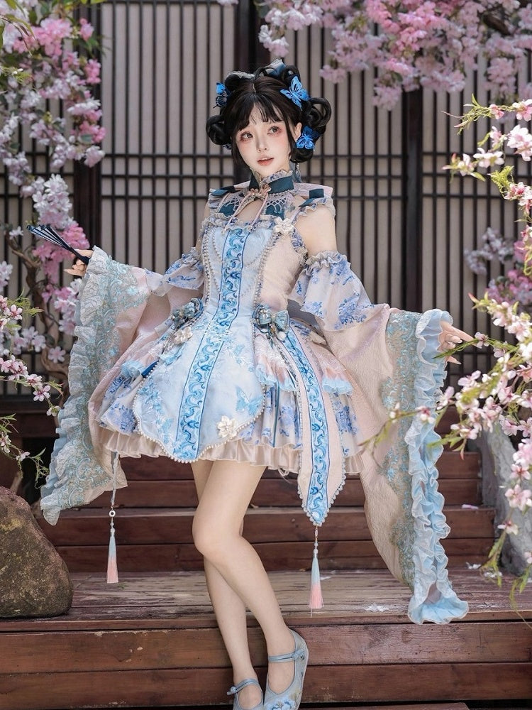 Porcelain Theme Qi Lolita Short Skirt Dress Set with Floral Print - Your Highness