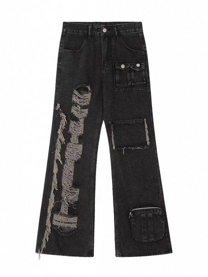 Black Faded Wash Distressed Multi-Pockets Jeans with Raw Hem