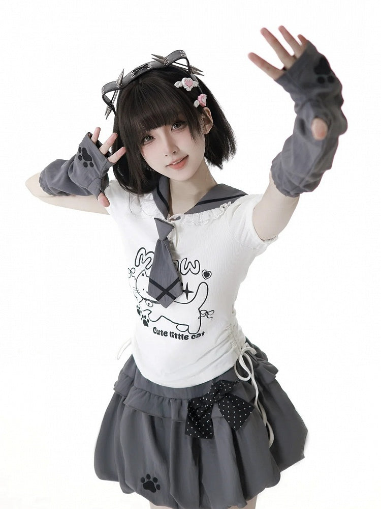 Side Armwear Free Ears with T-shirt Kitty Design Sailor Collar White Drawstring