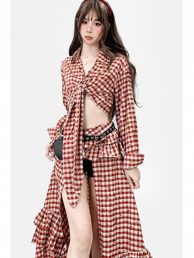 Muster Twist Oberschenkel-High High-Low Shirt Floral Slit + Rock Details Rot Print Plaid