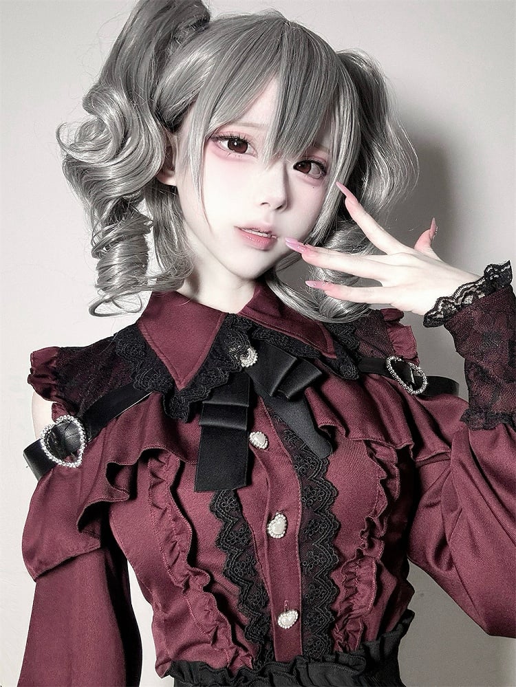 Jirai Button Blouse: Red Sweetheart Closure Wine Kei