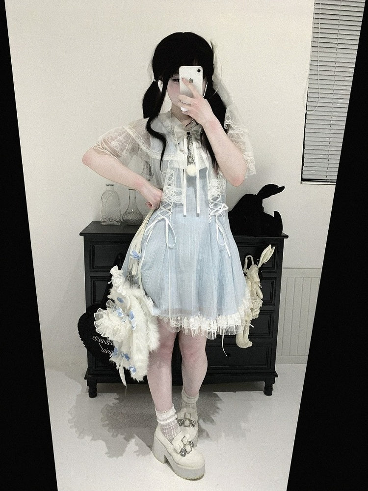 Lace Cape Design Dress with Bow, Short Sleeve, 4 Colors, Landmine - Kitty Bxllet