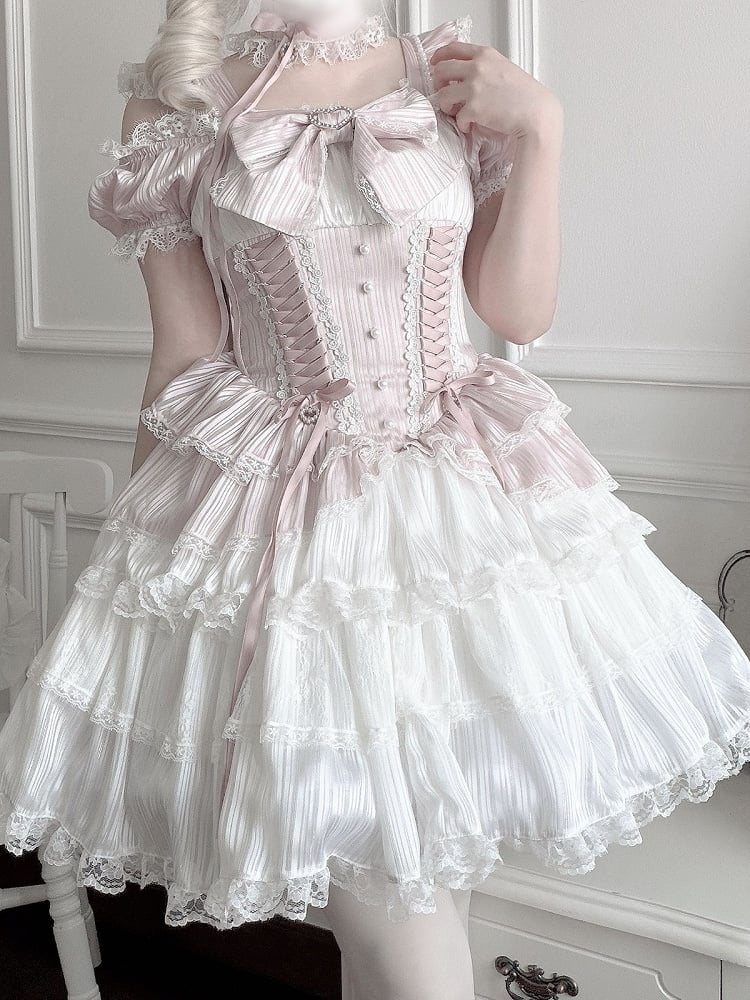 Pink Off-Shoulder Lace Dress with Choker - Virtual Paradise