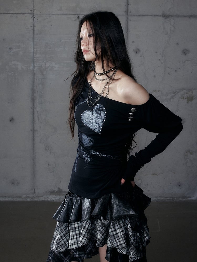 Grunge Aesthetic Neck Punk Black Side Stretch Button Details Asymmetrical Top with