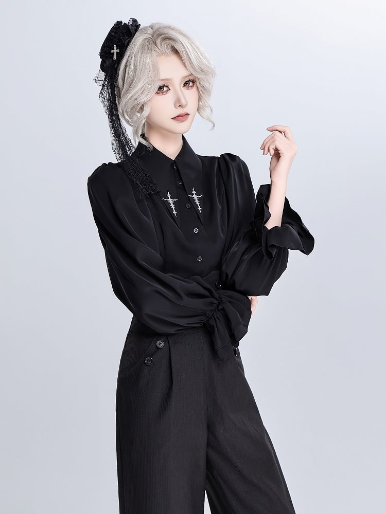 Foldover Pointed Collar Shirt with Embroidered Cross Motif - DevilInspired Exclusive Collection