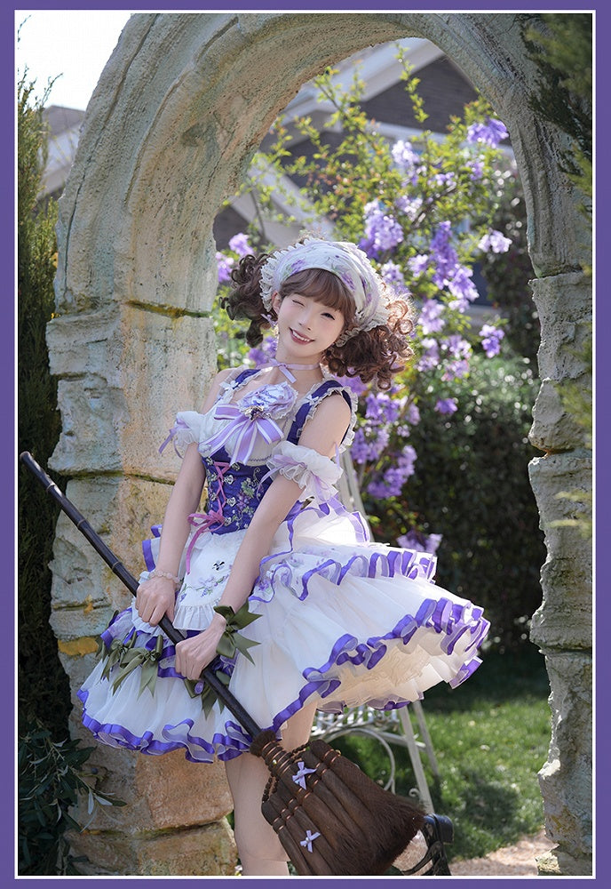 Outfit Bavaria - Weiß-Lila Oktoberfest-Korsett-Set, Traubenstickerei, Schürzenrock + Stufen-Lolita-Oberteil