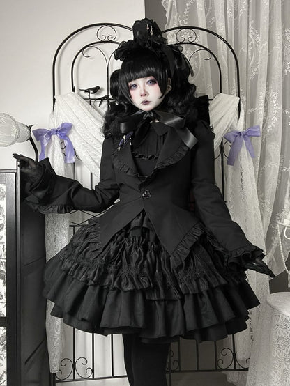 Black Gothic Lolita Tiered Ruffle Puffy Skirt