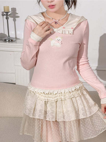 Rosa Plüsch-Top mit Welpenmuster und Rüschenbesatz aus Spitze