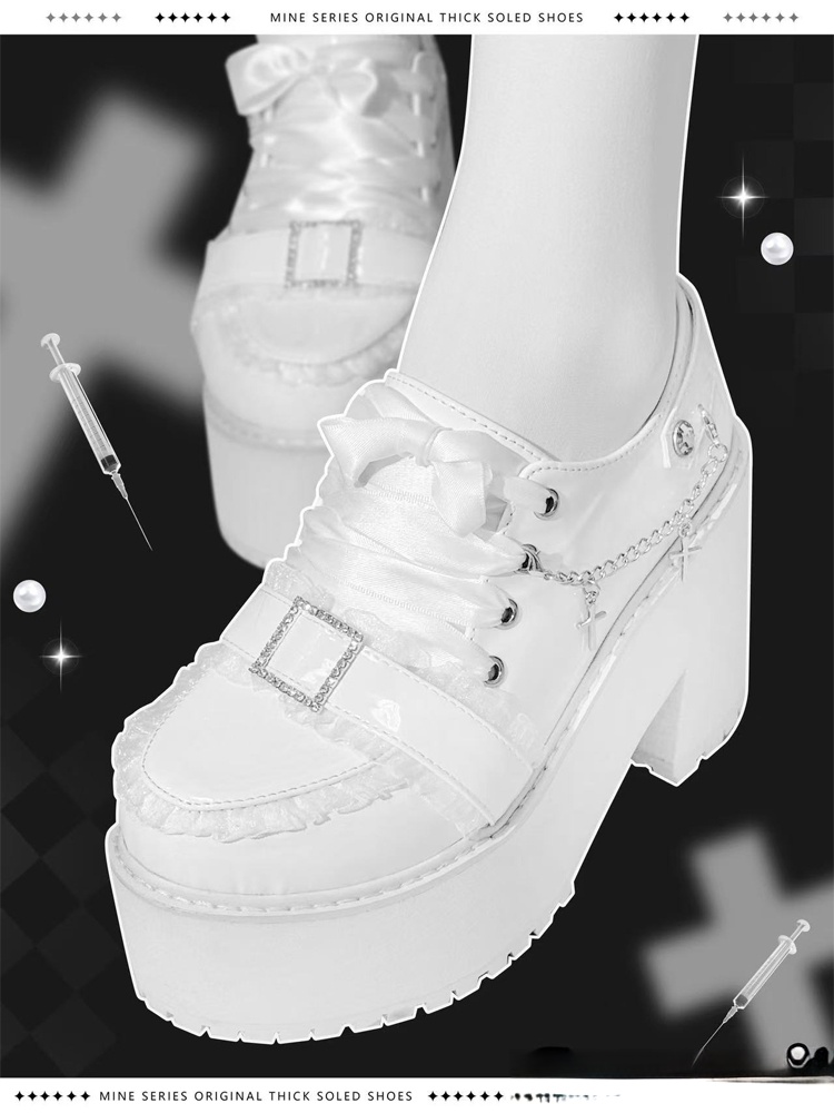 Jirai Kei Polished White Platform Shoes - PU Leather with Detachable Cross Chain, Rhinestone Buckle & Ribbon Lace-Up