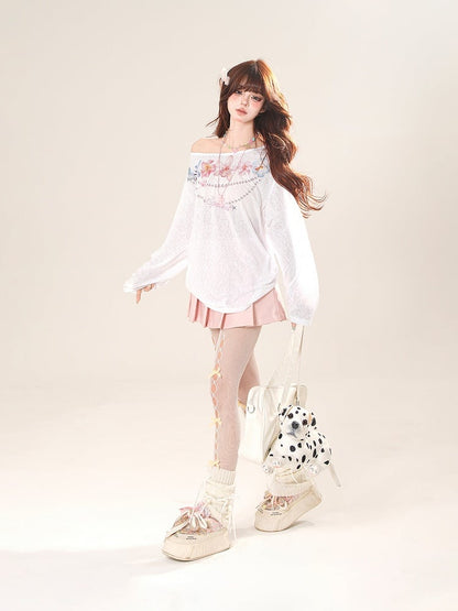 カバーアップ ホワイト アシンメトリーネックライン 花柄 セミシアー