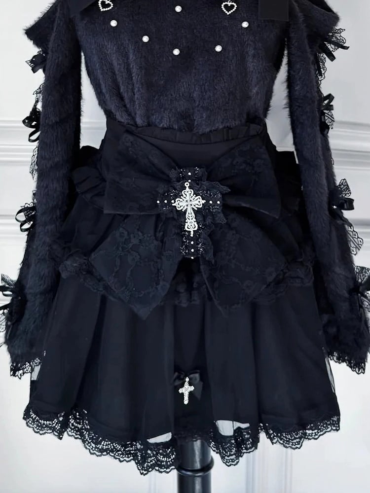 - Skirt Design with Jirai Kei Black Bow Tiered Cross Lace Tulle Edging