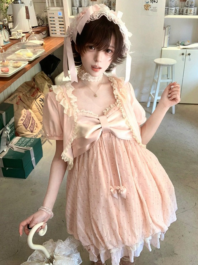 Pink Bow Lace Trim Cardigan - Tan Tuan