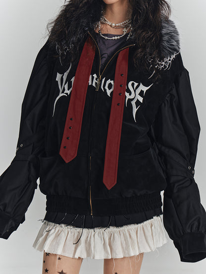 with Jacket Fall/Winter Streetwear Punk Collar Faux Y2K Fur Studded Red Straps Black