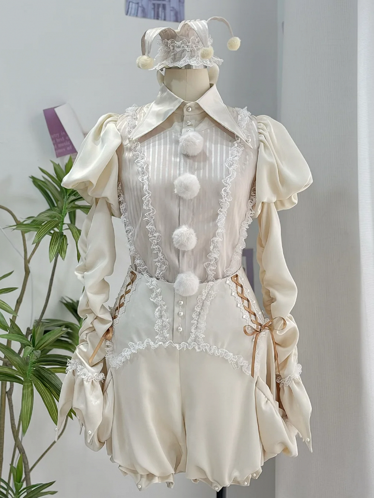 Clown-Outfit + Shorts, Pumphose, Kragen, spitzes Hemd, Lolita-Zirkus, Strumpfbänder, Ouji Apricot Vibes –
