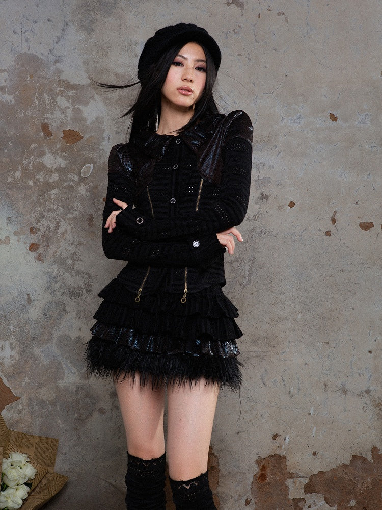 Tiered Faux Elastic Black Punk with Fur Waist Glossy Skirt Trim Fabric