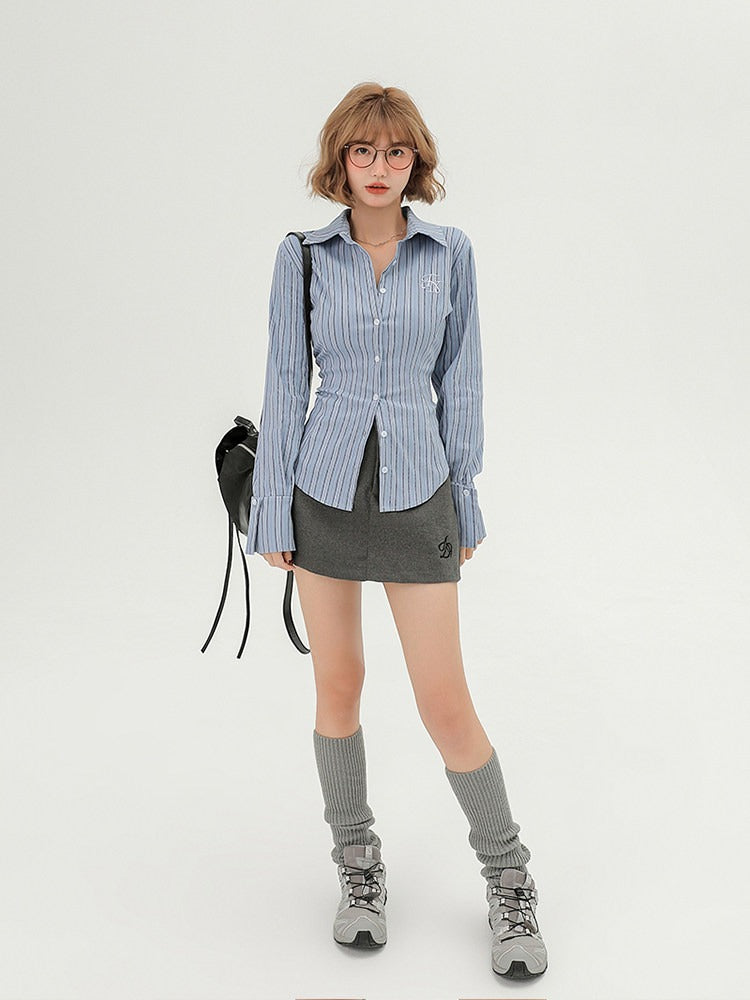 School-Style Blue Striped Long-Sleeve Shirt - Girlyhalo