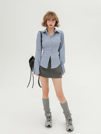 School-Style Blue Striped Long-Sleeve Shirt - Girlyhalo