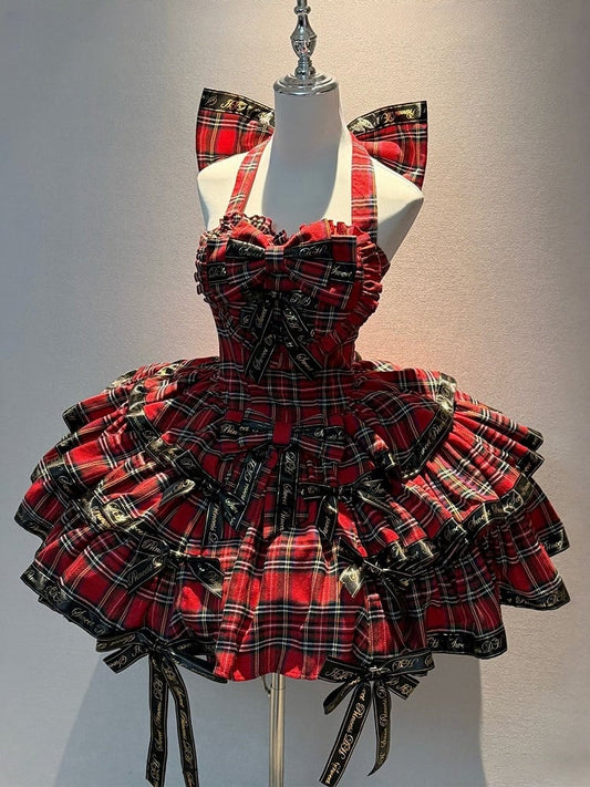 with Dress and Halter Black Ruffles Plaid Punk Red Ribbon Sweet Neck Bows Lolita