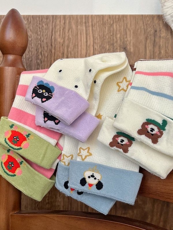 Kitty/Puppy/Bear Pattern Print Colorful Calf Socks Striped 9 Options