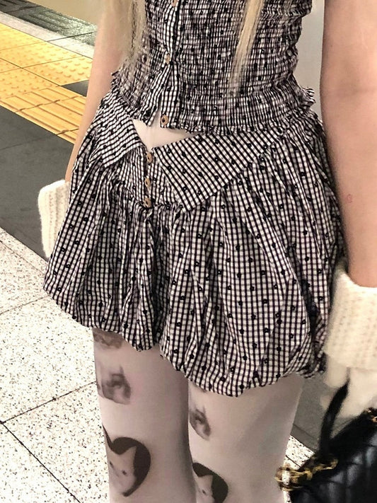 Skirt Floral Pattern with Plaid Bubble Waistband Collar Stand